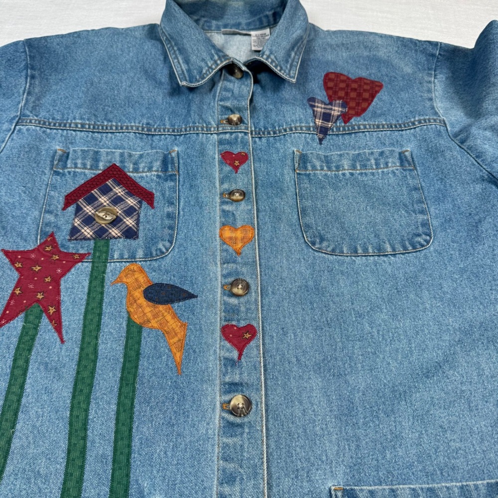 VTG Women XL Denim Coat Jacket Applique Birdhouse Patchwork Cottage Barn Chore - Picture 12 of 16